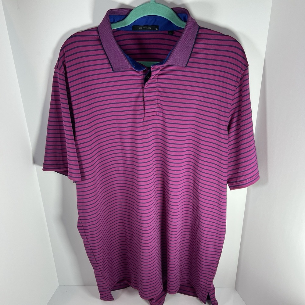 Greyson Striped Polo Shirt Men's XL Performance Golf Pink Blue